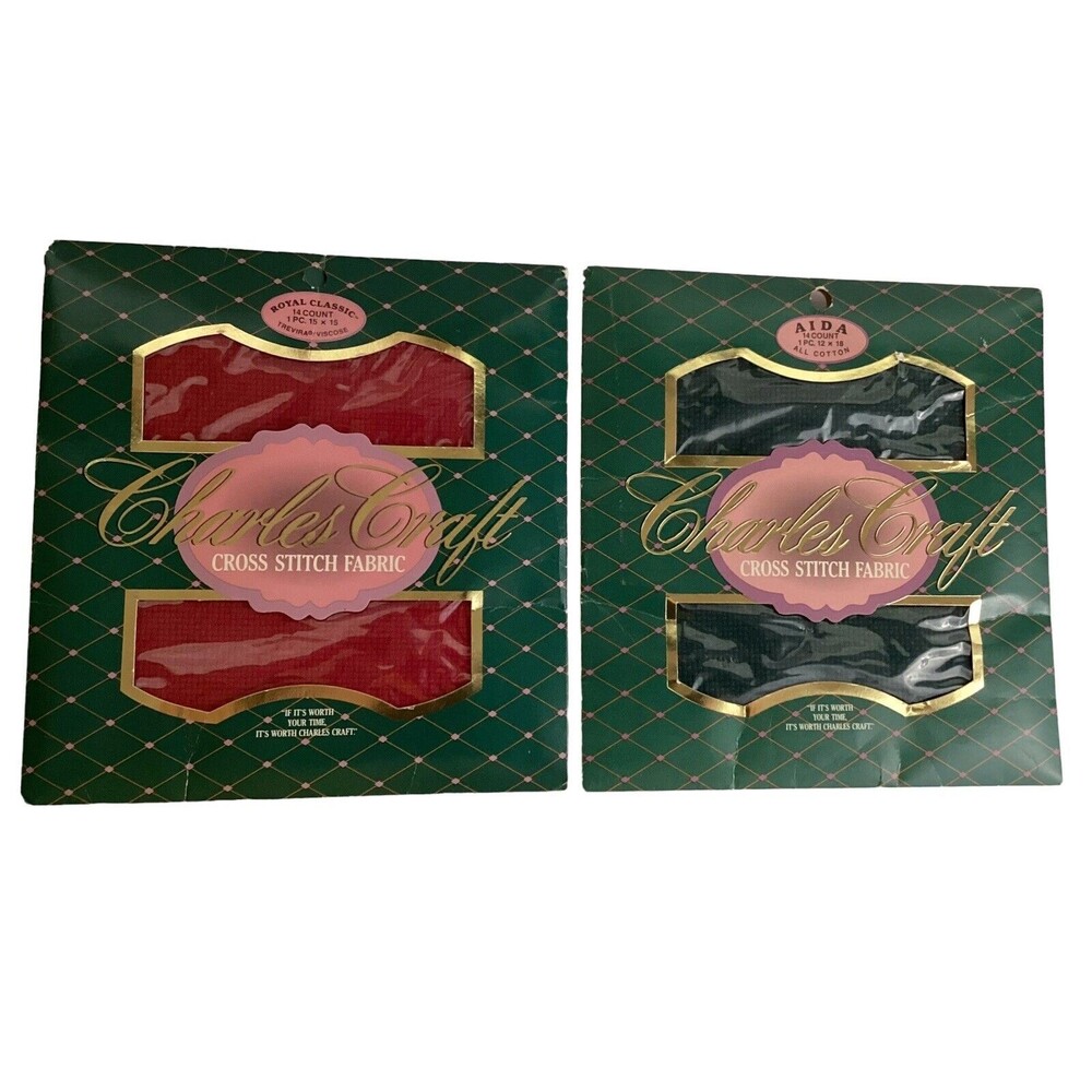 2 Charles Craft Cross Stitch Fabric 12 X 18 Green Cotton & 15 X 15 Red Viscose